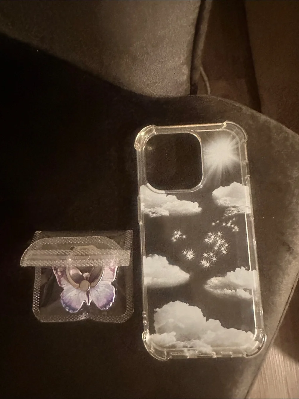 Clear Cloud Pattern iPhone 14 pro Case with Purple Butterfly Ring Holder